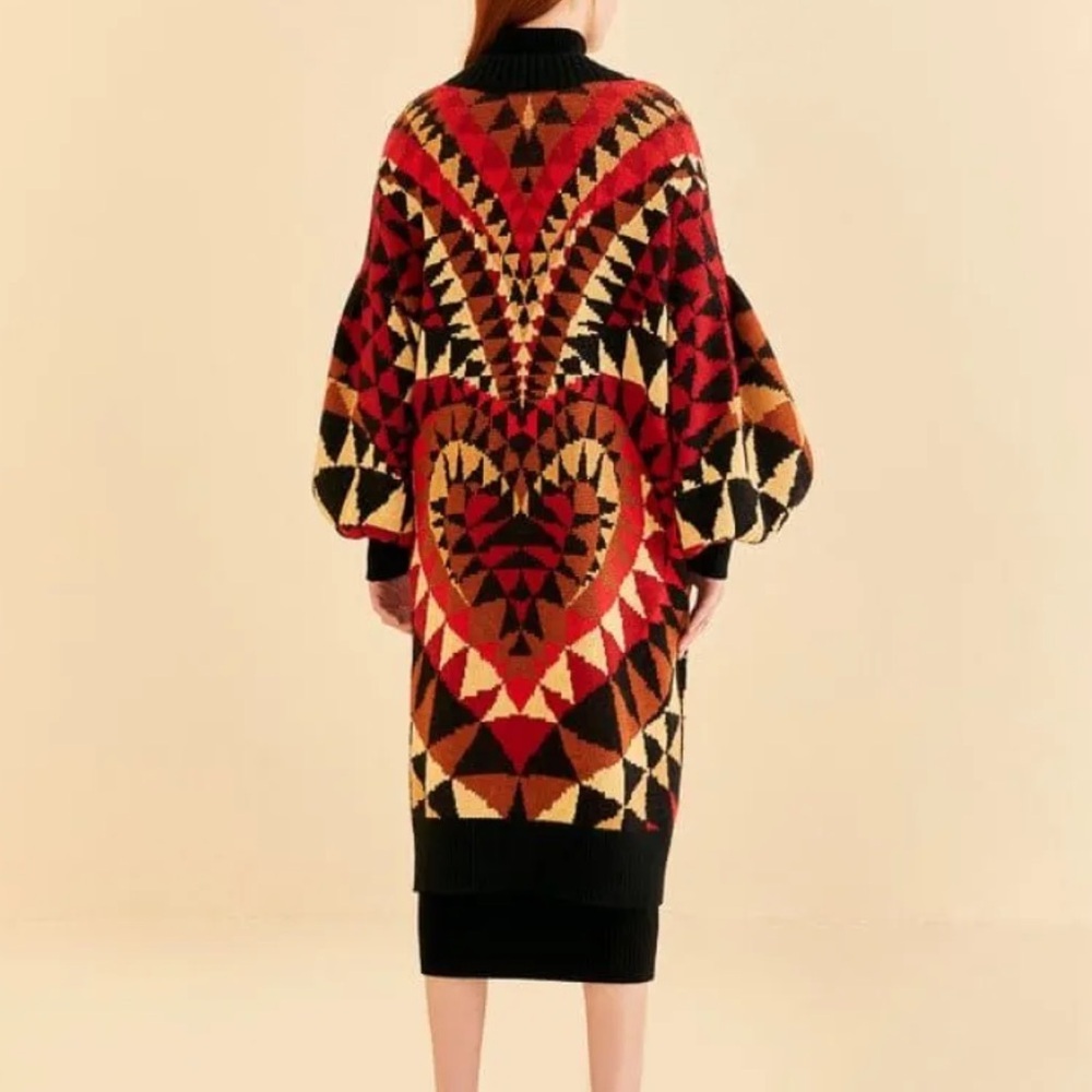 Farm Rio Cardigan Heart Art Deco Intarsia Maxi Knit Sweater Sz‎ S - Picture 2 of 11